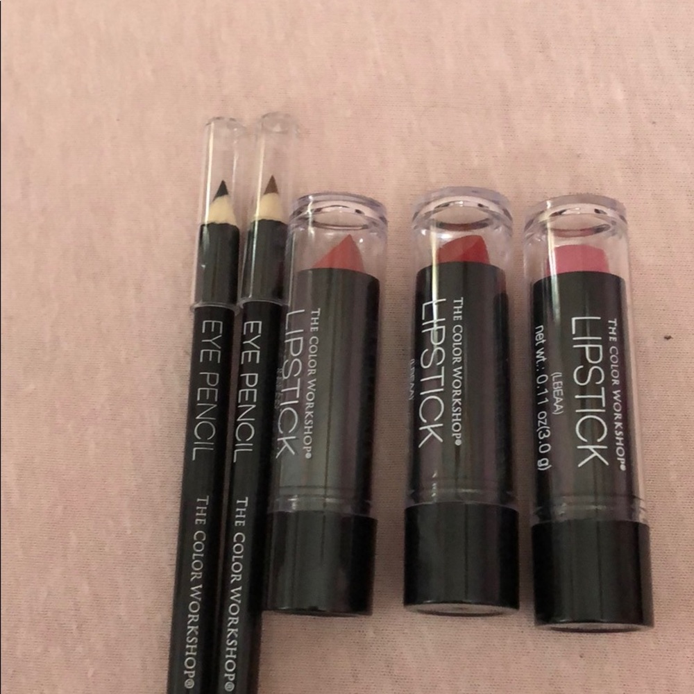 Three brand new lipsticks with two eye pencils